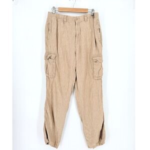 Caribbean Mens Tan 100% Linen Cargo Pants 36x32 Relaxed Beach Summer Vacation